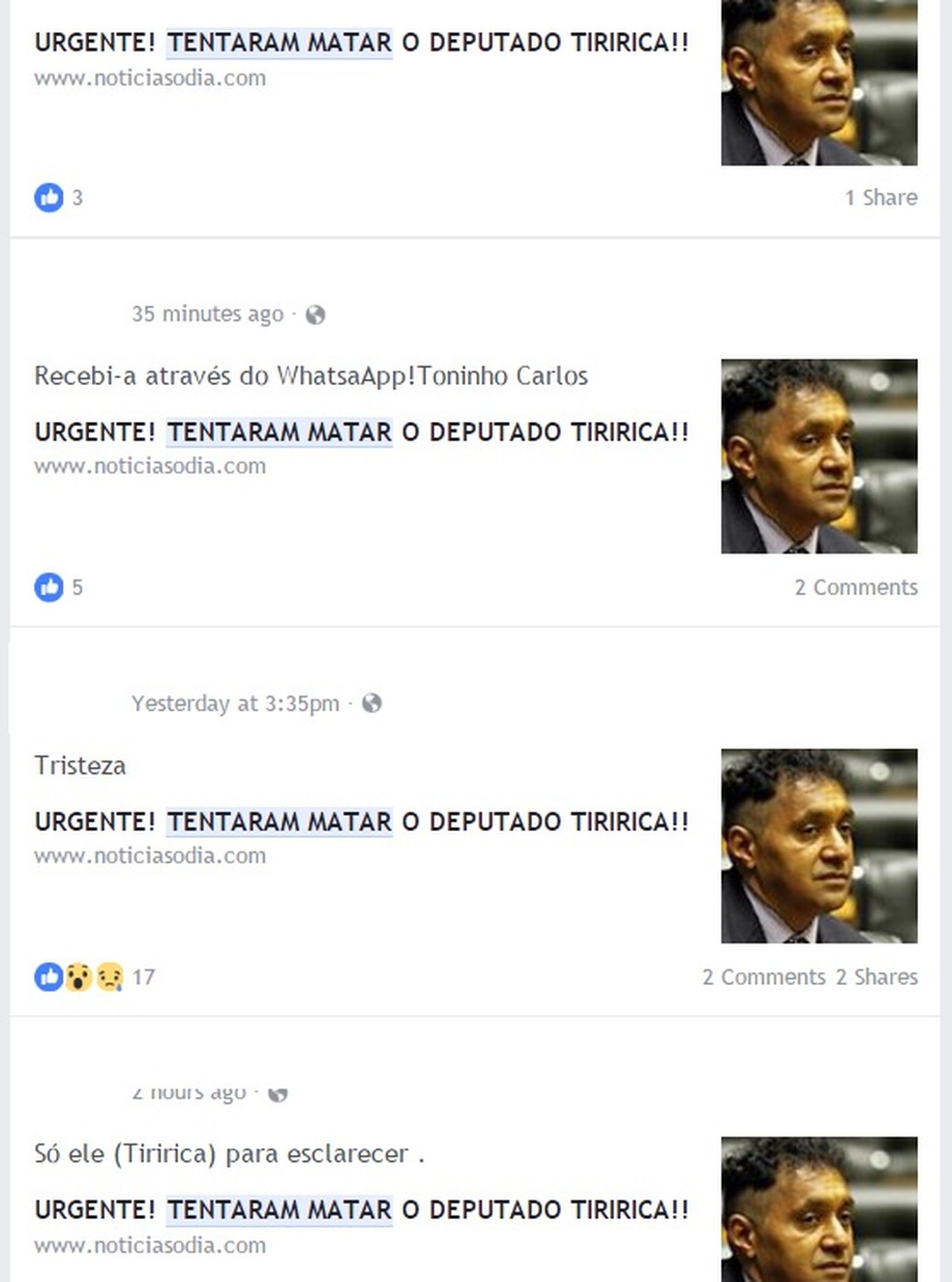 Repercussão de texto falso no Facebook sobre tentativa de homicídio contra Tiririca (Foto: Reprodução/ Facebook )