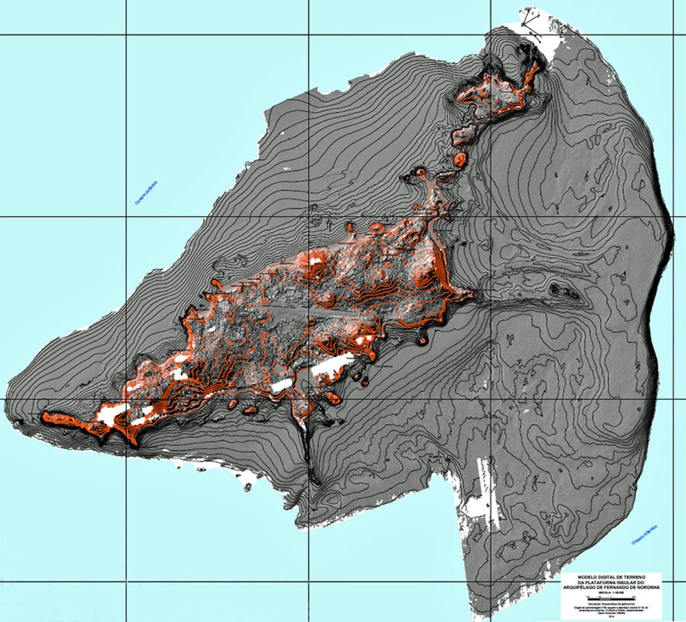 Mapa em 3D mostra o Arquipélago de Fernando de Noronha, no Nordeste do Brasil. Levantamento do relevo e assoalho marinho foi feito com laser instalado em aeronave — Foto: Divulgação/CPRM