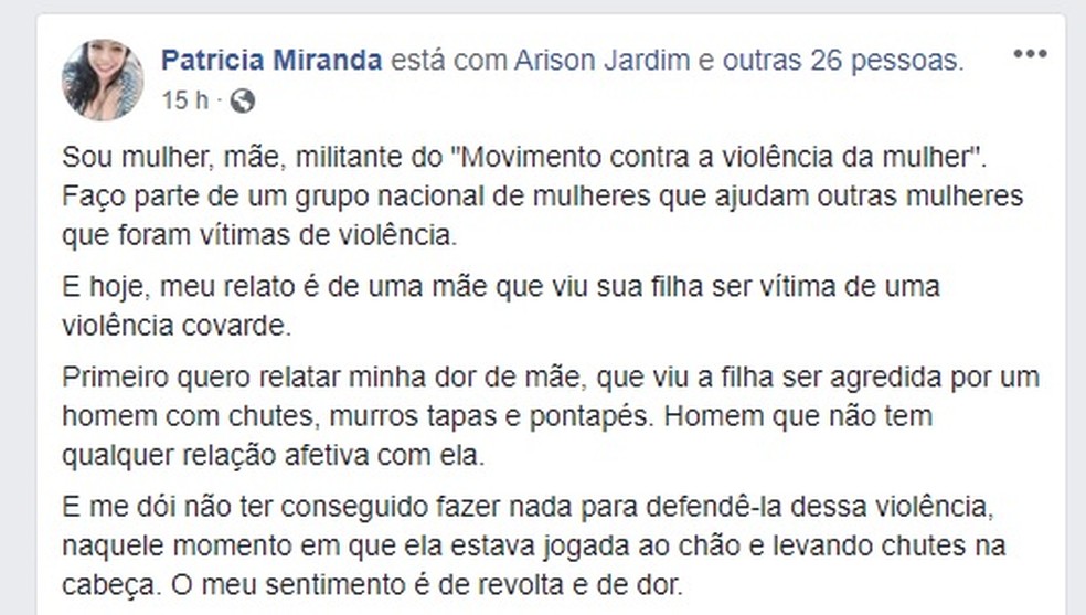 Em publicação nas redes sociais, mãe de jovem agredida fez desabafo e pediu Justiça  — Foto: Reprodução/Facebook