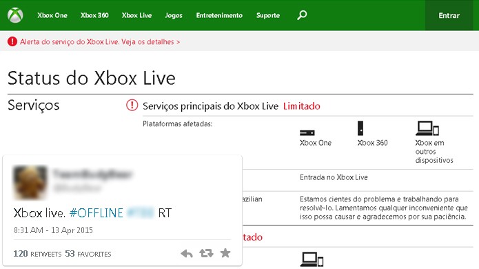 Xbox Live fica fora do ar no Xbox One e Xbox 360 nesta Segunda-feira (Foto: Reprodu??o/Rafael Monteiro)