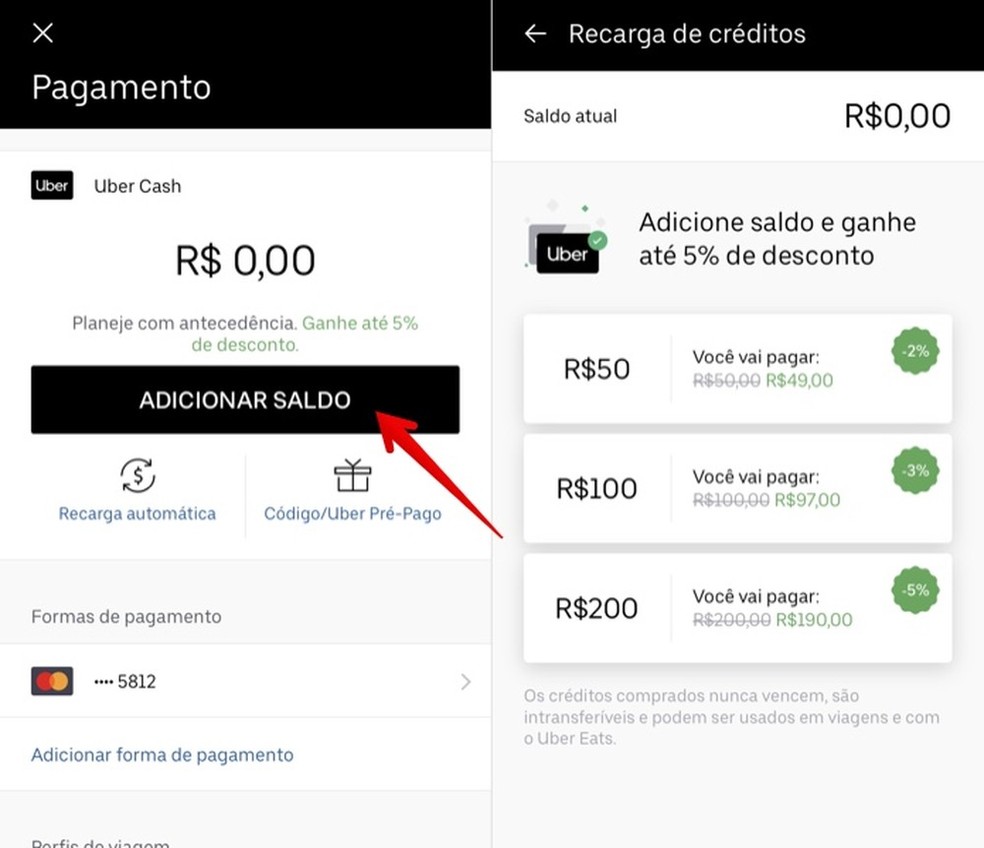 Adicione créditos ao Uber Cash através do próprio aplicativo Uber  — Foto: Reprodução/Helito Beggiora