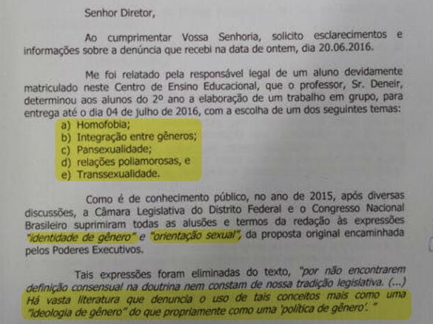 Ofício enviado pela deputada distrital Sandra Faraj à direção de escola do DF que aplicou atividade sobre gênero e diversidade sexual (Foto: CLDF/Reprodução)