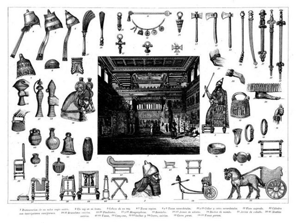 Ilustração que mostra uma coleção de gravuras antigas da civilização assíria — Foto: Getty Images/Via BBC