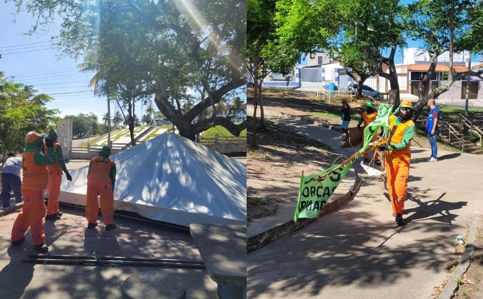 Toldo e faixas são retirados de praça onde bolsonaristas radicais ficaram acampados em Aracaju — Foto: PM/SE