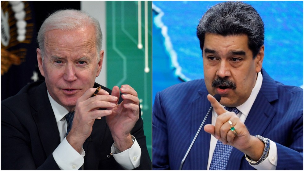 Montagem com fotos dos presidentes dos Estados Unidos, Joe Biden, e da Venezuela, Nicolás Maduro — Foto: Nicholas Kamm/AFP e Leonardo Fernandez Viloria/Reuters