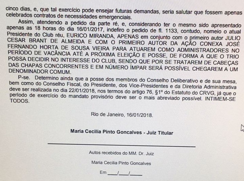 Decisão da juíza Maria Cecília Pinto Gonçalves (Foto: Reprodução)
