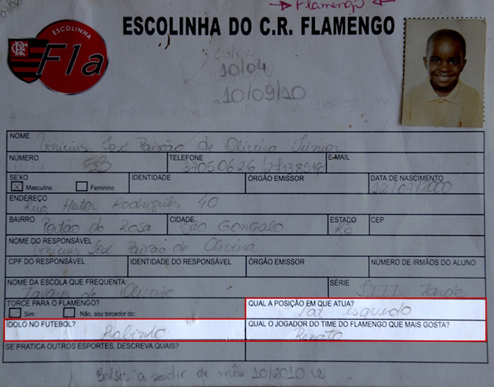 Vinicius Junior's first application document to play for the affiliated Flamengo School