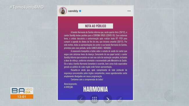 Xanddy, do Harmonia do Samba, testa positivo para Covid-19 e anuncia cancelamento de shows