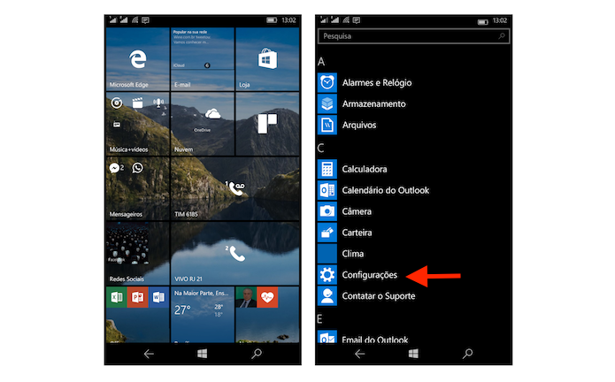 Acessando as configurações do Windows 10 Mobile (Foto: Reprodução/Marvin Costa)