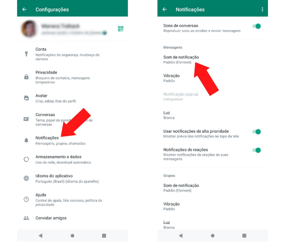 No Android, sons de notificações pode ser alterado abaixo da aba “Mensagens”  — Foto: Reprodução/Mariana Tralback