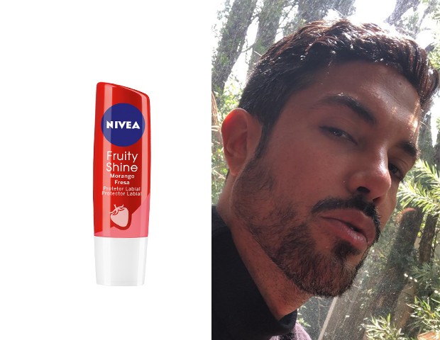 Lip Care Protetor Labial Morango Shine da Nivea é o baratinho querido de Edu Hyde (Foto: Montagem Divulgação / Reprodução Instagram)