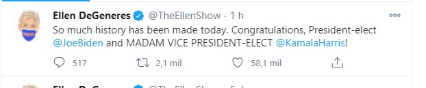 Ellen DeGeneres festeja vitória de Joe Biden e Kamala Harris (Foto: Reprodução Twitter e Reprodução Instagram)