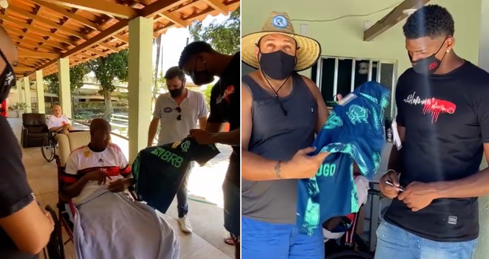 Hugo Souza, goleiro do Flamengo, visitou asilo com 58 idosos e presenteou o Sr. Manoel Anjo com uma camisa. Outra foi doada para o Asilo do Carmo levantar fundos &mdash; Foto: Imagens cedidas pelo Asilo do Carmo