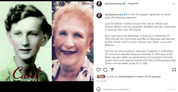 Alec Baldwin anuncia a morte da mãe, Carol M. Baldwin (Foto: Reprodução/Instagram)