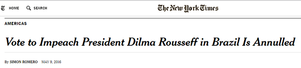 The New York Times destaca anulação da votação do impeachment de Dilma Rousseff (Foto: New York Times)
