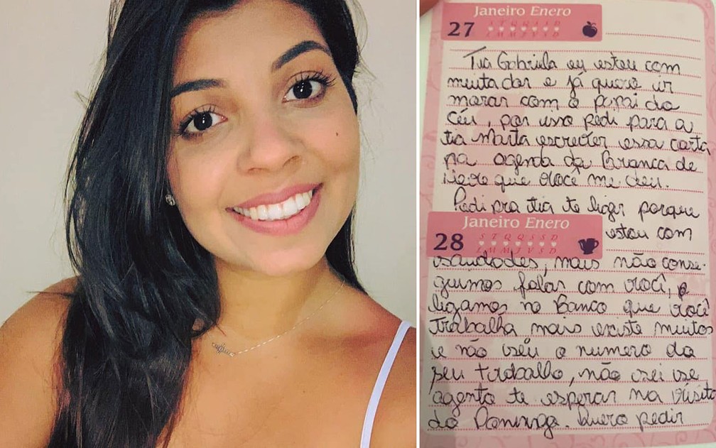 A voluntária Gabriella Pereira e a carta que recebeu da menina Jullia, de 8 anos, que lutava contra a leucemia — Foto: Arquivo pessoal/Gabriella Pereira
