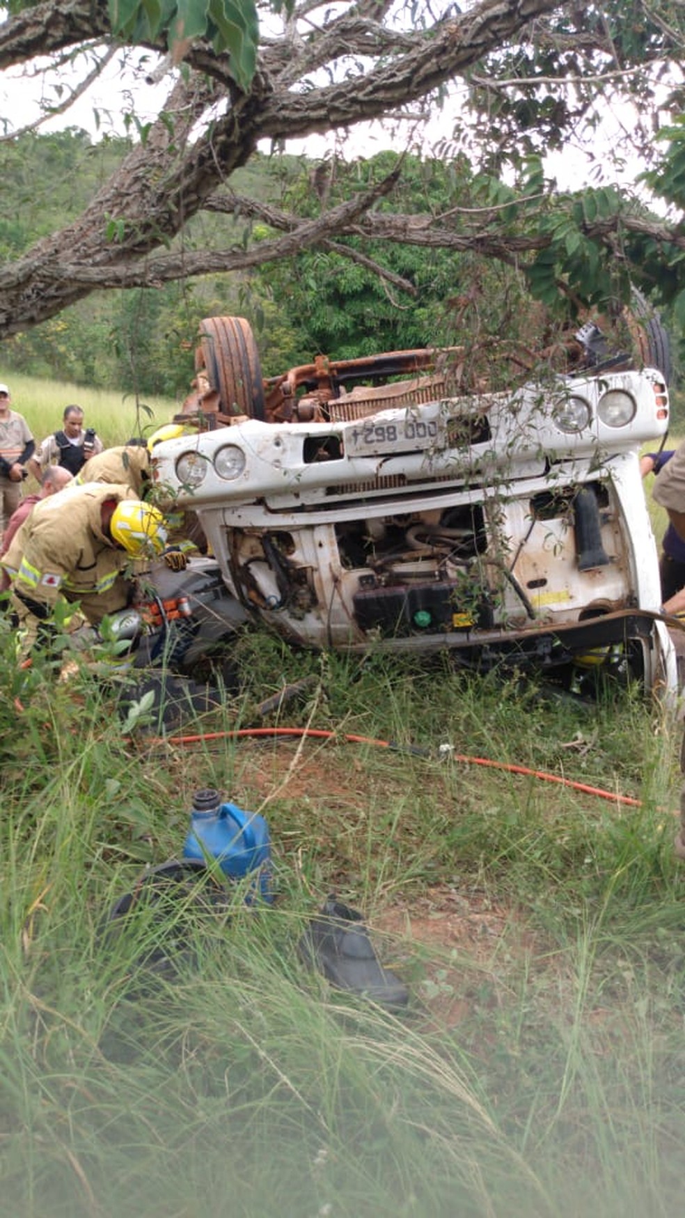 Caminhão capotou e caiu em um barranco — Foto: Corpo de Bombeiros/ Divulgação