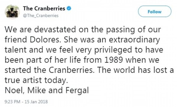O comunicado no qual os membros do Cranberries anunciam a morte da cantora Dolores O’Riordan, (Foto: Twitter)