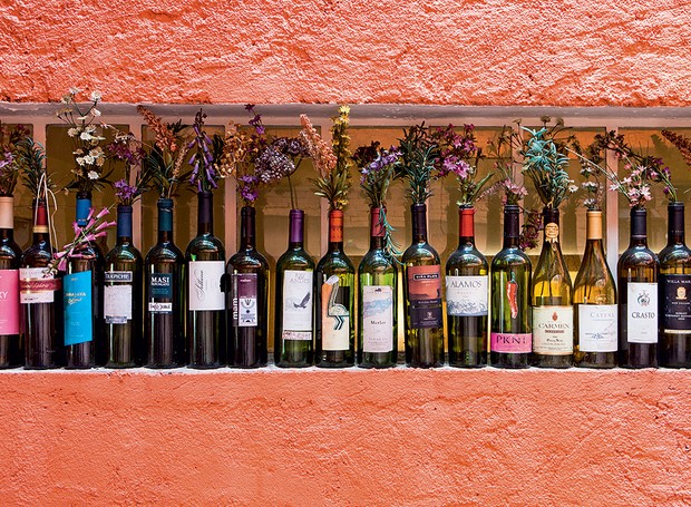 Apaixonado por gastronomia, Eduardo Martins coleciona garrafas de vinho. Com rótulo, elas viram vasos cheios de história (Foto: Lufe Gomes/Casa e Comida)