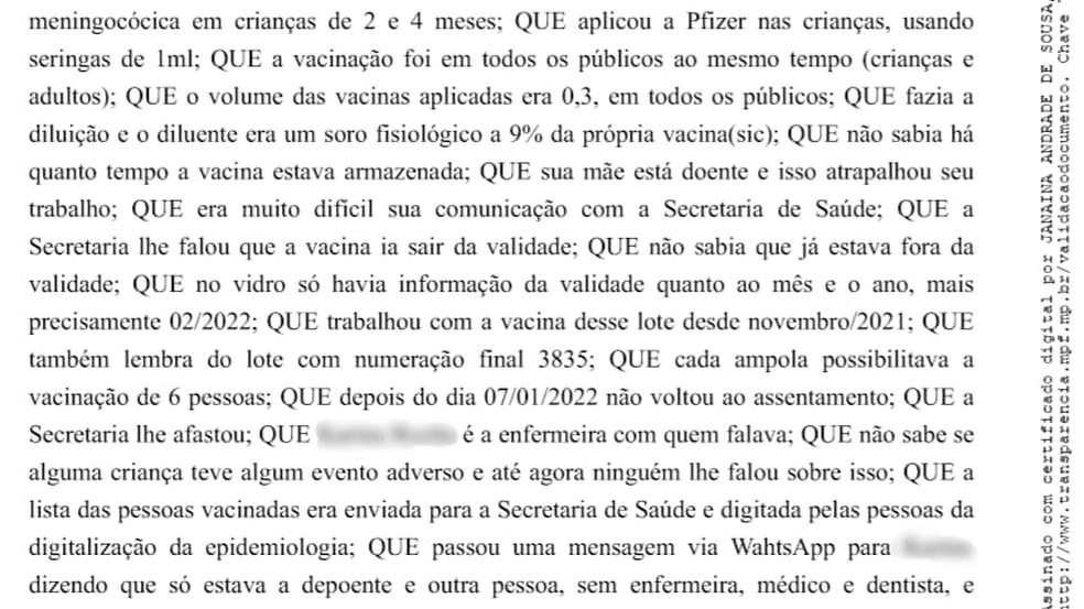 Técnica disse que aplicou doses de adulto em crianças, com ordens da secretaria de saúde de Lucena — Foto: Reprodução