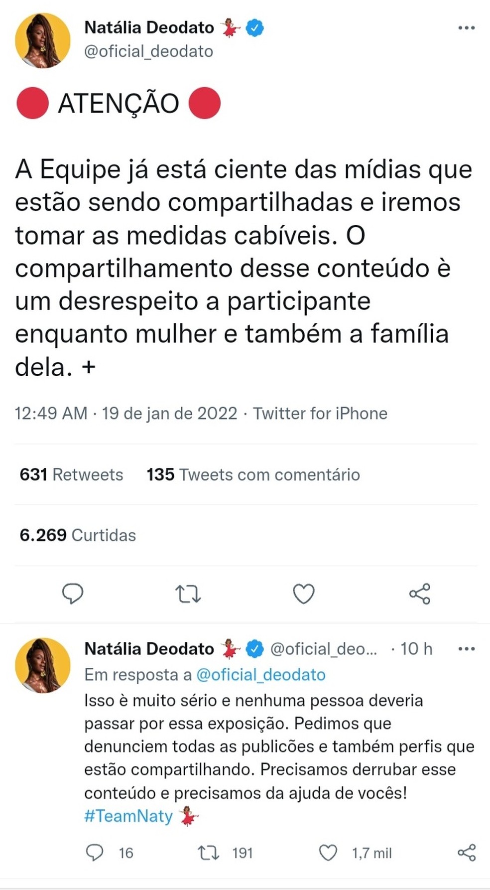 Equipe de Natália se posicionou no Twitter — Foto: Redes Sociais / Divulgação