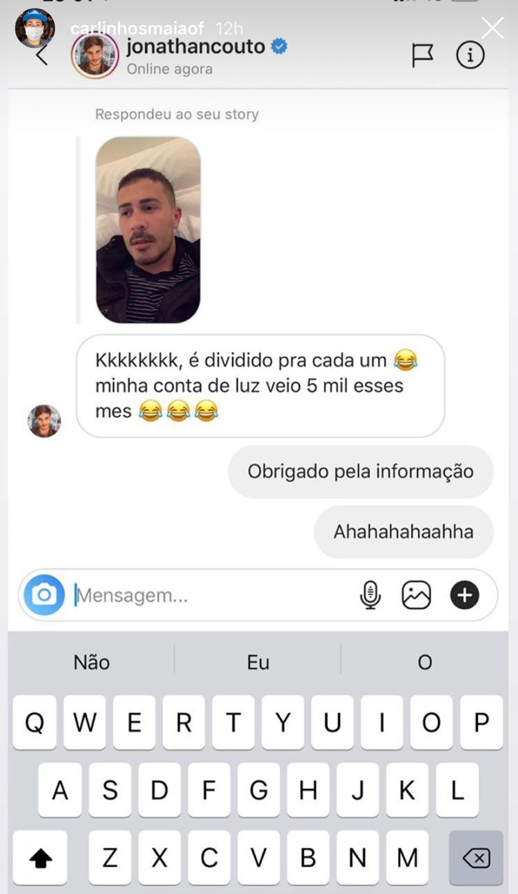Jonathan Couto revela para Carlinhos Maia quanto paga de energia (Foto: Reprodução/ Instagram)