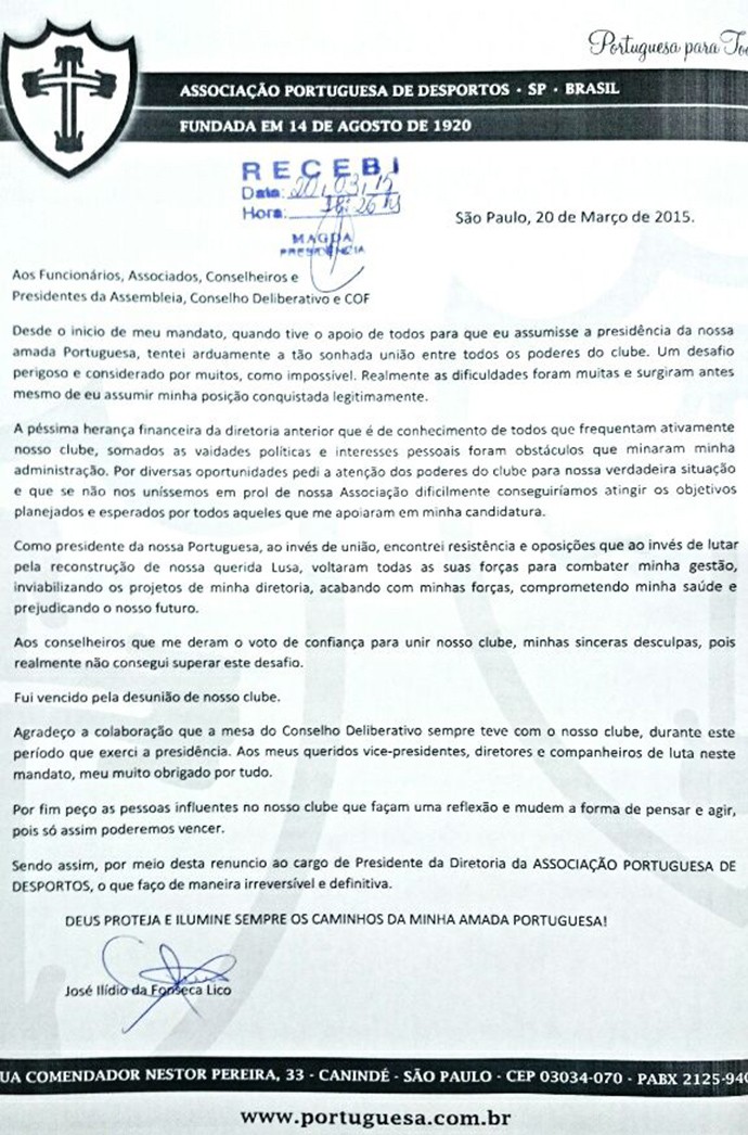 Carta de renúncia do Ilídio Lico (Foto: Divulgação)