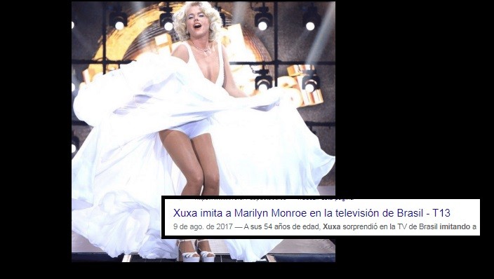 Xuxa imitou Marilyn Monroe em 2017 no 'Dancing Brasil', da Record, e foi notícia em sites de língua espanhola. A apresentadora tem milhares de fãs na Argentina — Foto: Divulgação/Record e Google