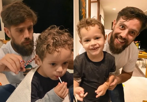 Rafael Cardoso corta o cabelo do filho, Valentim (Foto: Reprodução/Instagram)