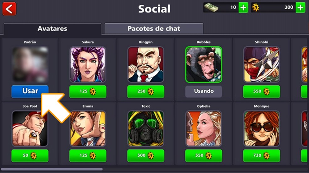 Para alterar entre seus diferentes avatares em 8 Ball Pool clique em "Usar" embaixo deles — Foto: Reprodução/Rafael Monteiro