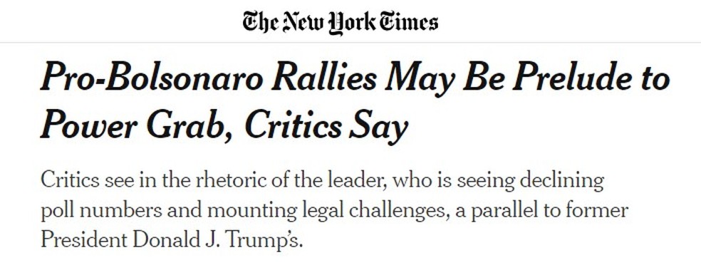Imagem de texto do 'New York Times' sobre manifestações a favor de Bolsonaro — Foto: Reprodução/NYTimes