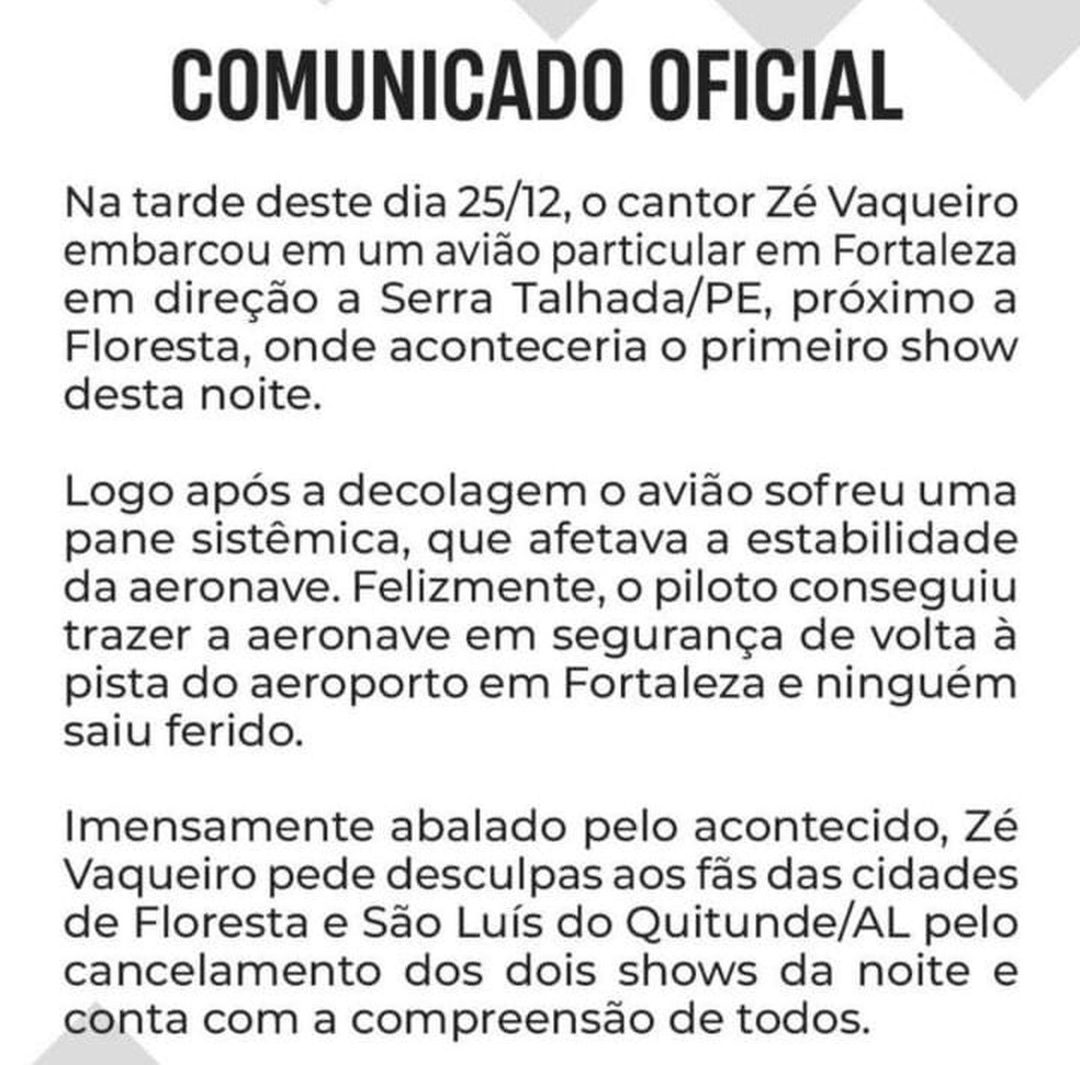 Comunicado oficial sobre a pane no avião e o cancelamento do show de Zé Vaqueiro em São Luís do Quitunde, AL — Foto: Reprodução/Instagram