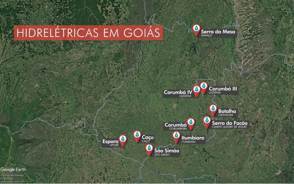 Locais de dez hidrelétricas em Goiás — Foto: CGA/TV Anhanguera