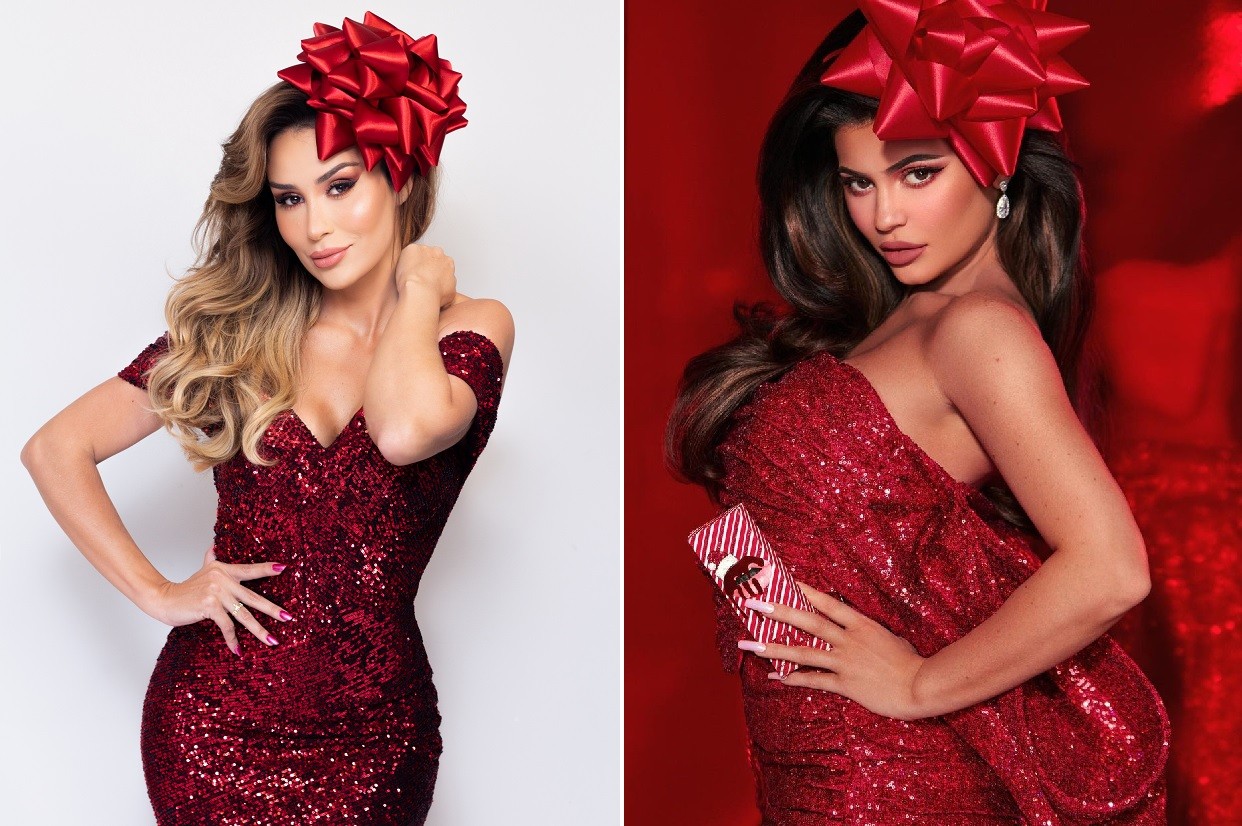 Ex-BBB Letícia Santiago faz ensaio de Natal 2021 inspirado em fotos divulgadas por Kylie Jenner no Instagram no Natal 2019 (Foto: John M. e Reprodução/Instagram)