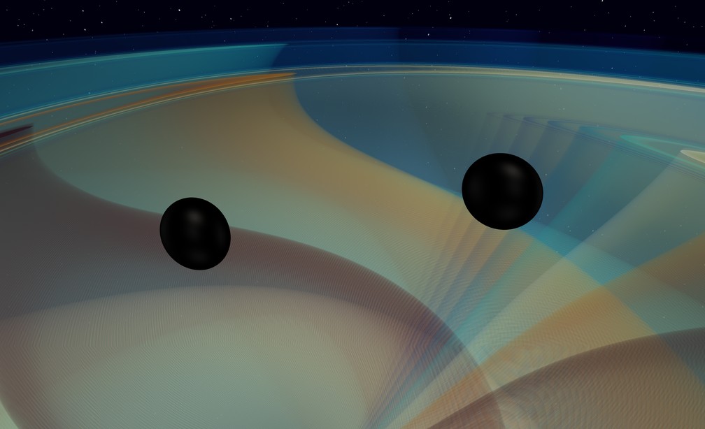 Ilustração feita a partir de uma simulação numérica mostra os dois buracos negros em espiral antes de se fundir, emitindo ondas gravitacionais  — Foto: N. Fischer, H. Pfeiffer, A. Buonanno (Instituto de Física Gravitacional Max Planck), com colaboração do Simulating eXtreme Spacetimes (SXS)