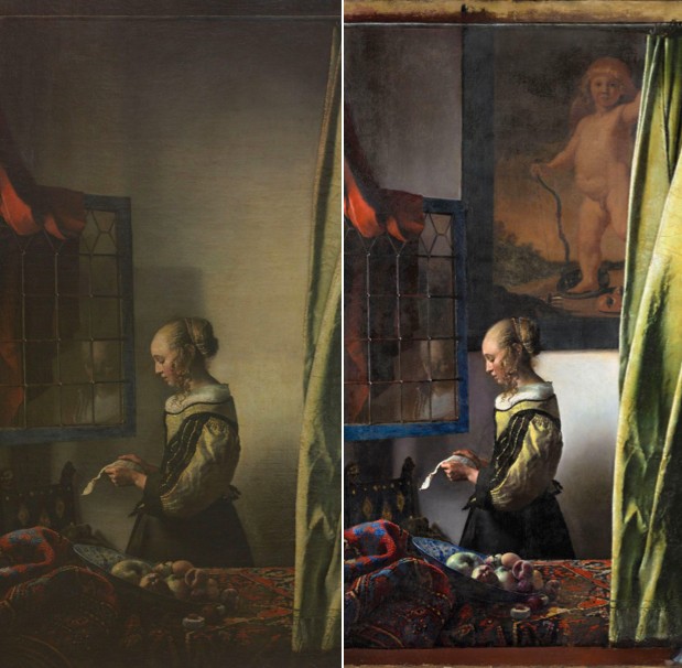 Antes e depois da pintura de Johannes Vermeer, 'Moça lendo uma carta à janela' (Foto: Divulgação / Gemäldegalerie Alte Meister)