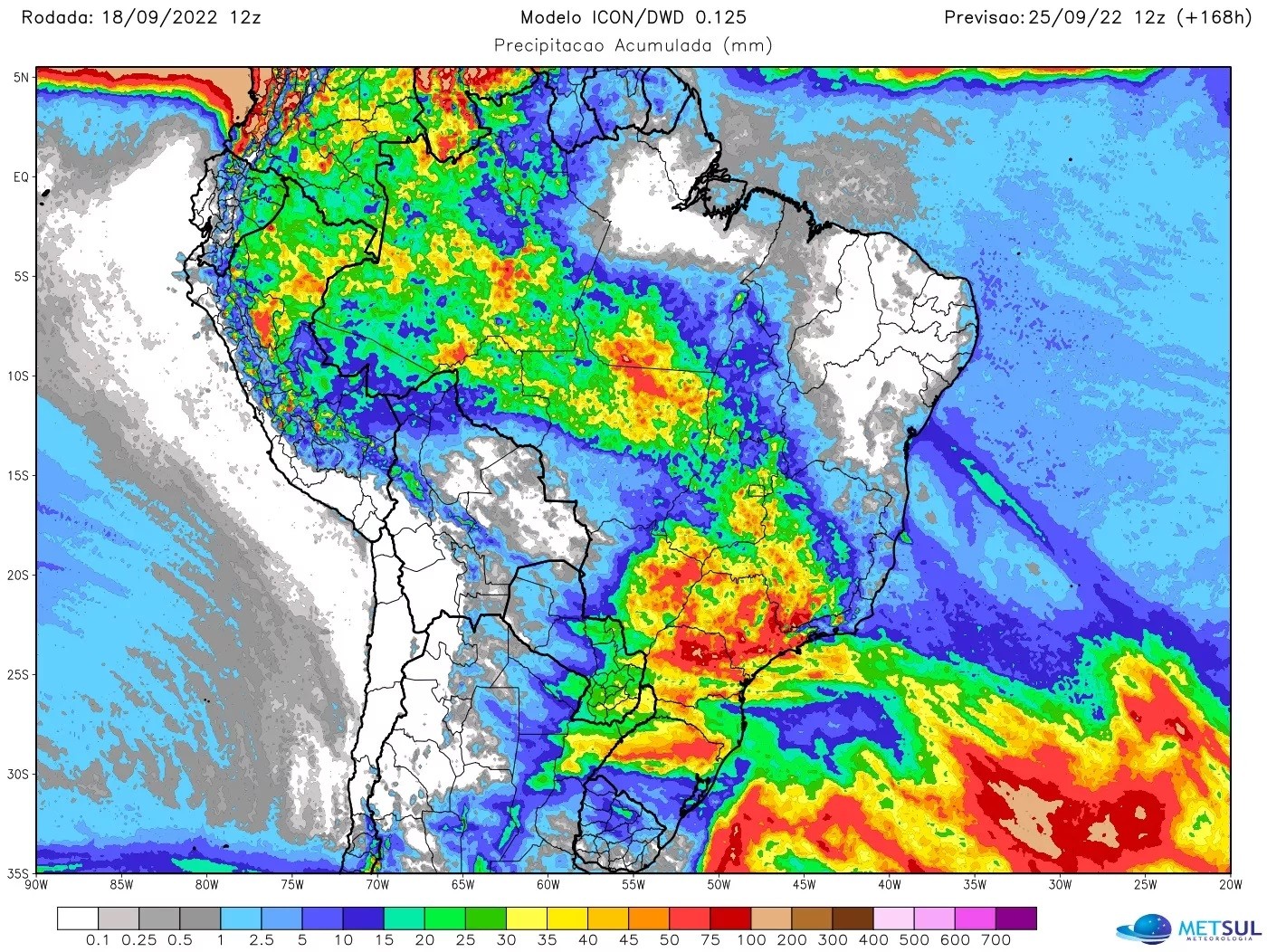 Mapa mostra previsão de chuva no Brasil (Foto: MetSul)