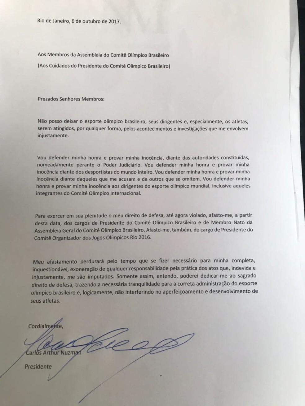 Em carta, Nuzman pede afastamento do COB (Foto: Reprodução)