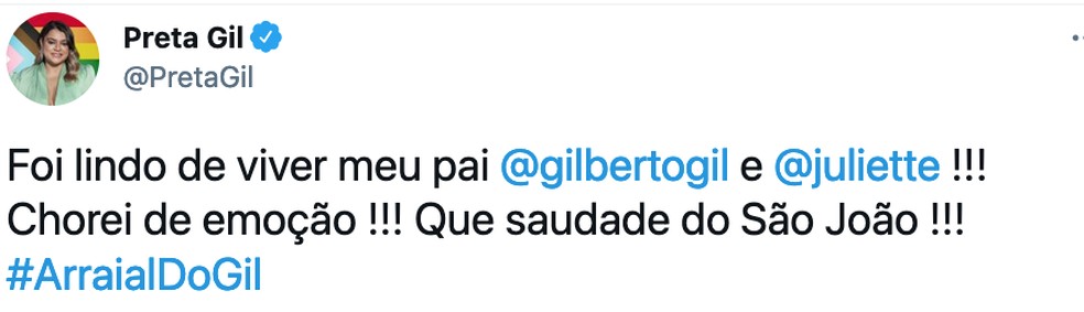 Preta Gil se emociona com apresentação de seu pai, Gilberto Gil, na live com Juliette — Foto: Reprodução/Internet