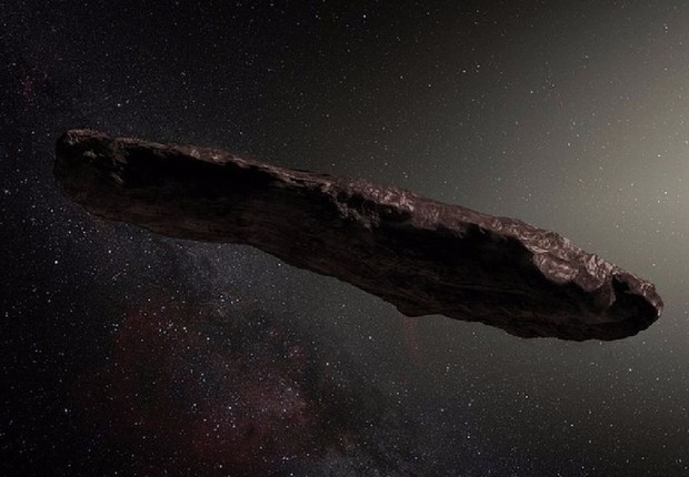 Ilustração do Oumuamua, o primeiro objeto interestelar detectado pela ciência cruzando o nosso Sistema Solar (Foto: ESO/M. Kornmesser)
