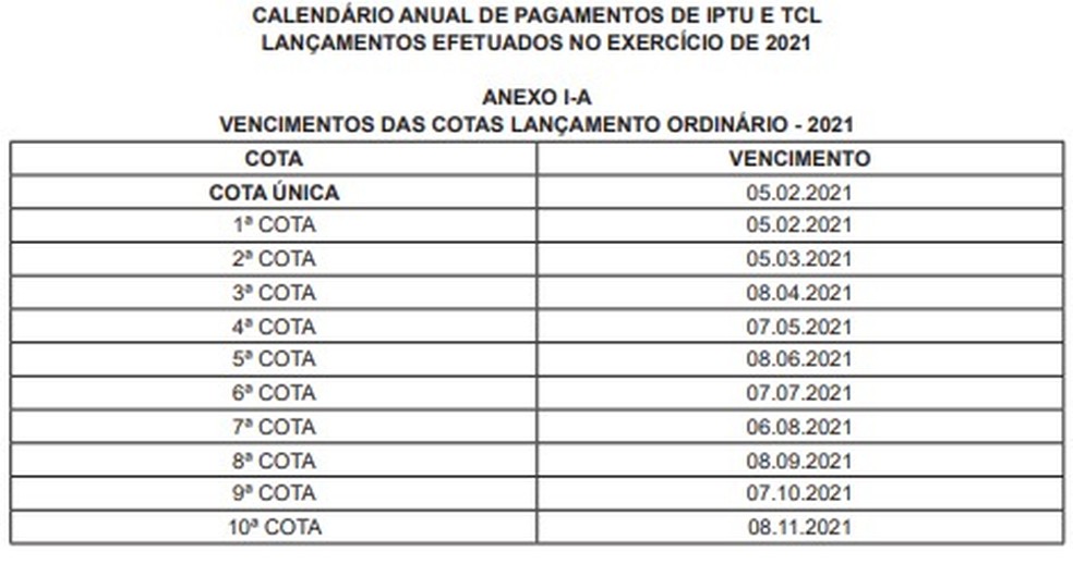 Calendário IPTU 2021 — Foto: Reprodução