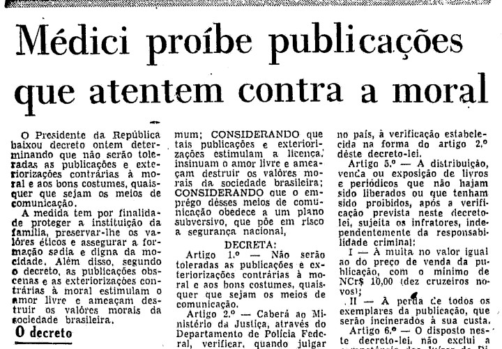 Matéria da edição de 23 de janeiro de 1970 noticia a lei da censura prévia