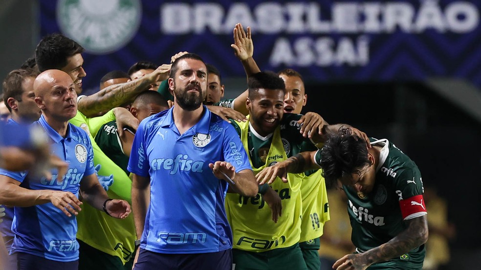 Comemoração do gol de Gustavo Gómez, do Palmeiras, contra o Santos — Foto: Cesar Greco / Ag. Palmeiras