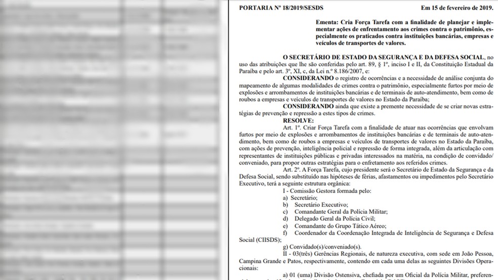 Portaria que cria força-tarefa contra ataques a banco foi publicada no DOE-PB — Foto: Reprodução/DOE-PB