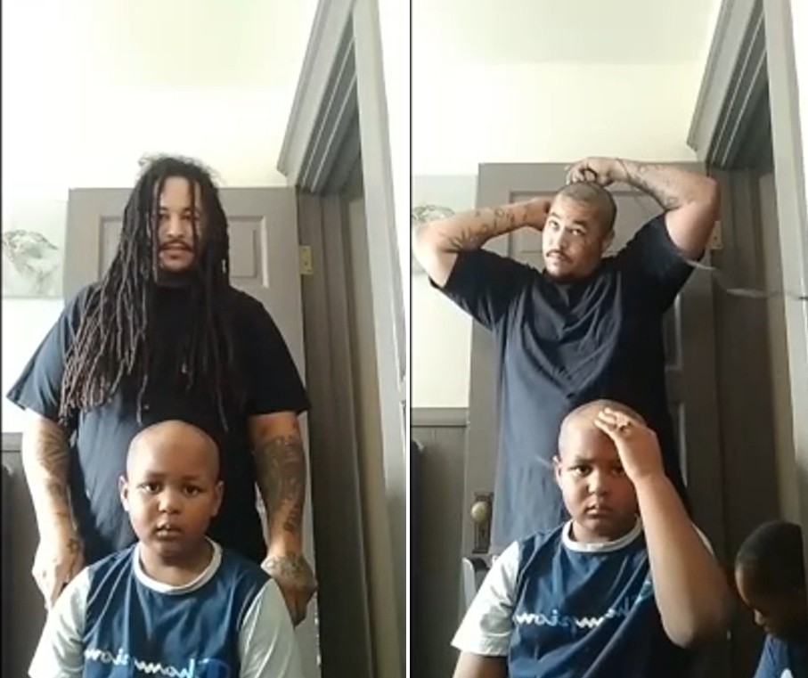 Pai corta cabelo para apoiar filho com câncer  (Foto: Reprodução/Fox)