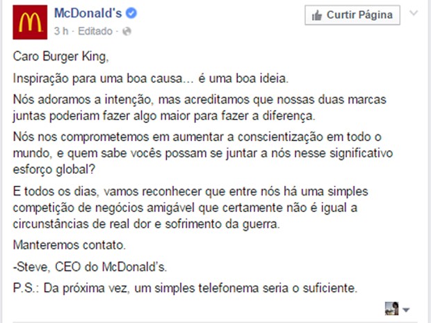 Resposta do McDonald's no Facebook para a proposta do Burger King (Foto: Reprodução/Facebook)