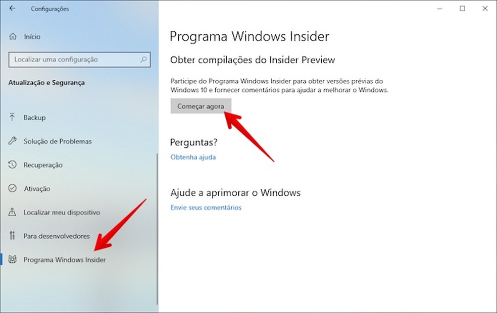 Acesse as configurações do Windows Insider — Foto: Reprodução/Helito Beggiora