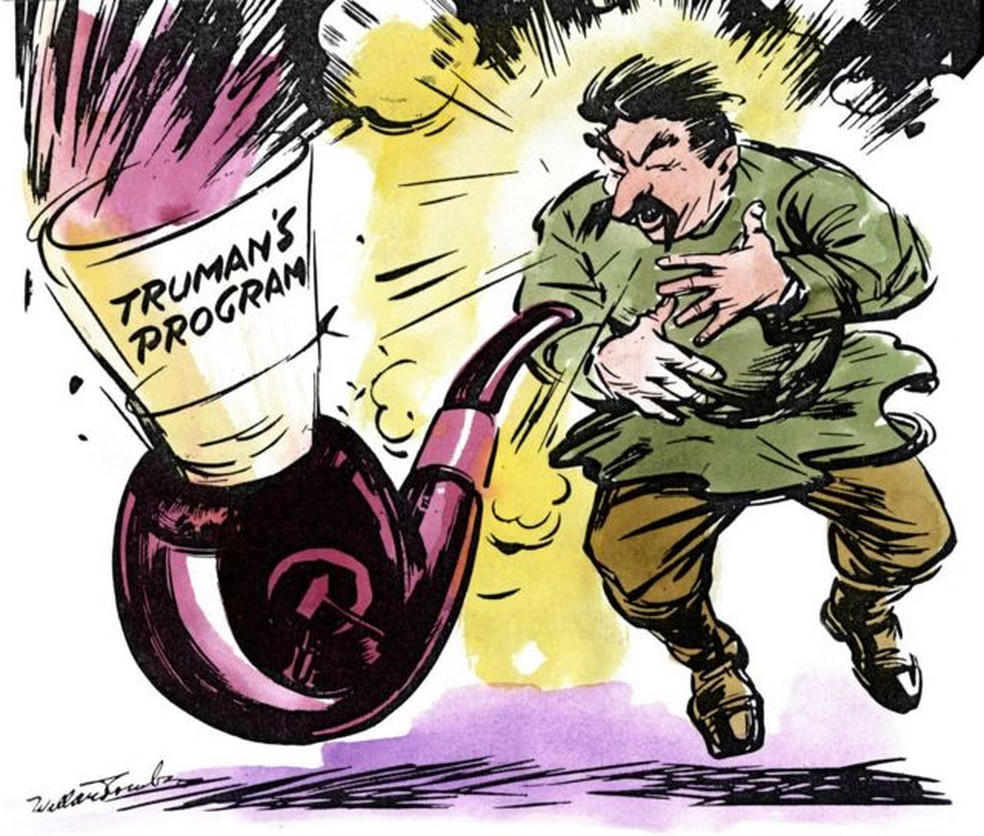 Caricatura da época, mostrando Stalin em apuros com os efeitos da 'Doutrina Truman' — Foto: BBC
