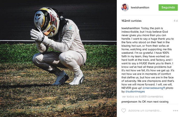 Lewis Hamilton posta no Instagram após quebra no GP da Malásia (Foto: Reprodução)