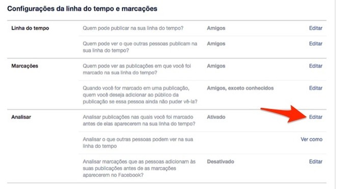 Ação para editar configurações de marcação em posts em uma conta do Facebook (Foto: Reprodução/Marvin Costa) Ação para editar configurações de marcação em posts em uma conta do Facebook (Foto: Reprodução/Marvin Costa)